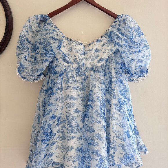 SHEIN MOD Landscape Print Puff Sleeve Organza Dress Selkie Style - Picture 5 of 5